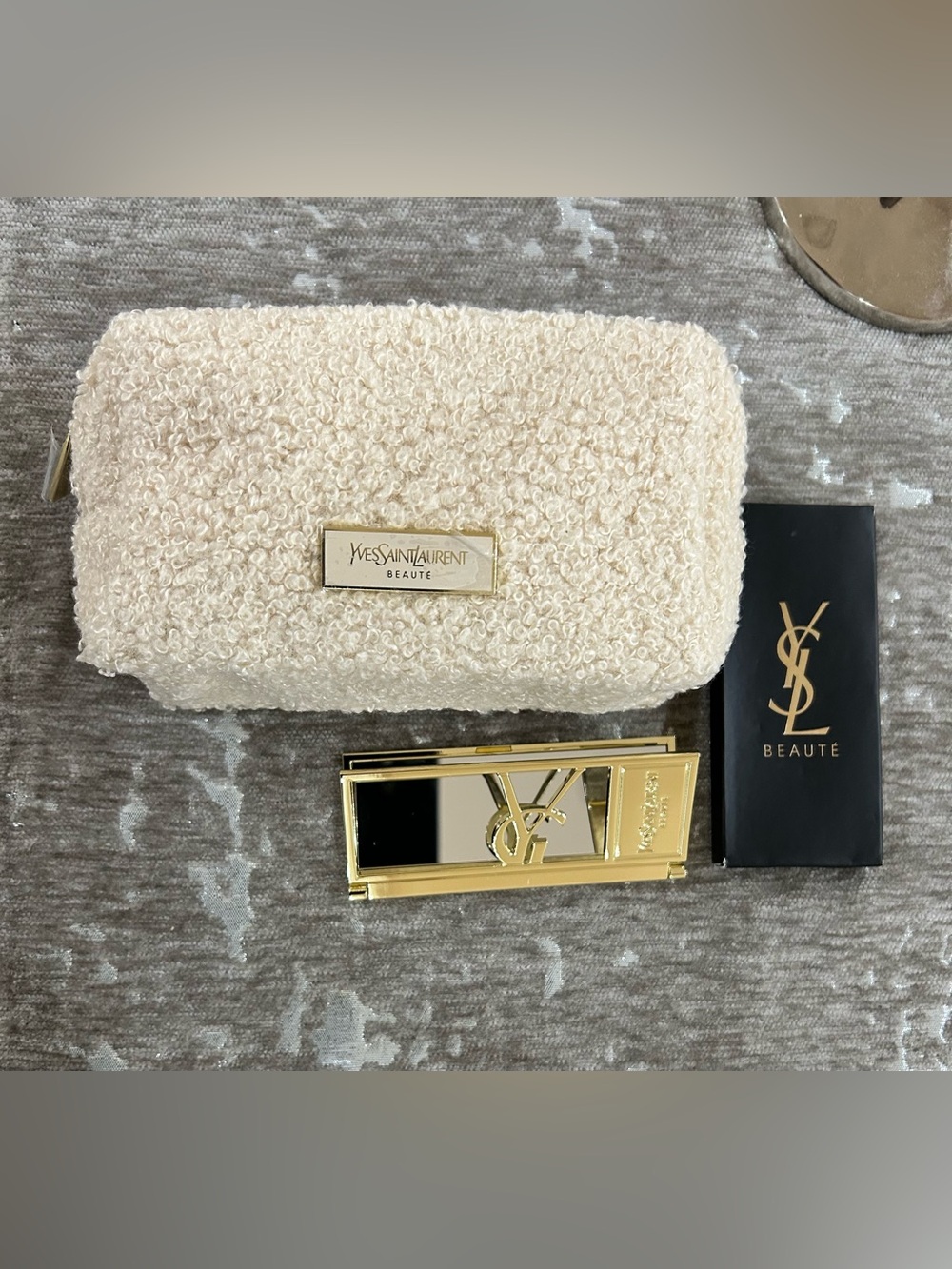 Yves Saint Laurent Cream Bouclé Cosmetic Pouch with Gold YSL Compact Mirror